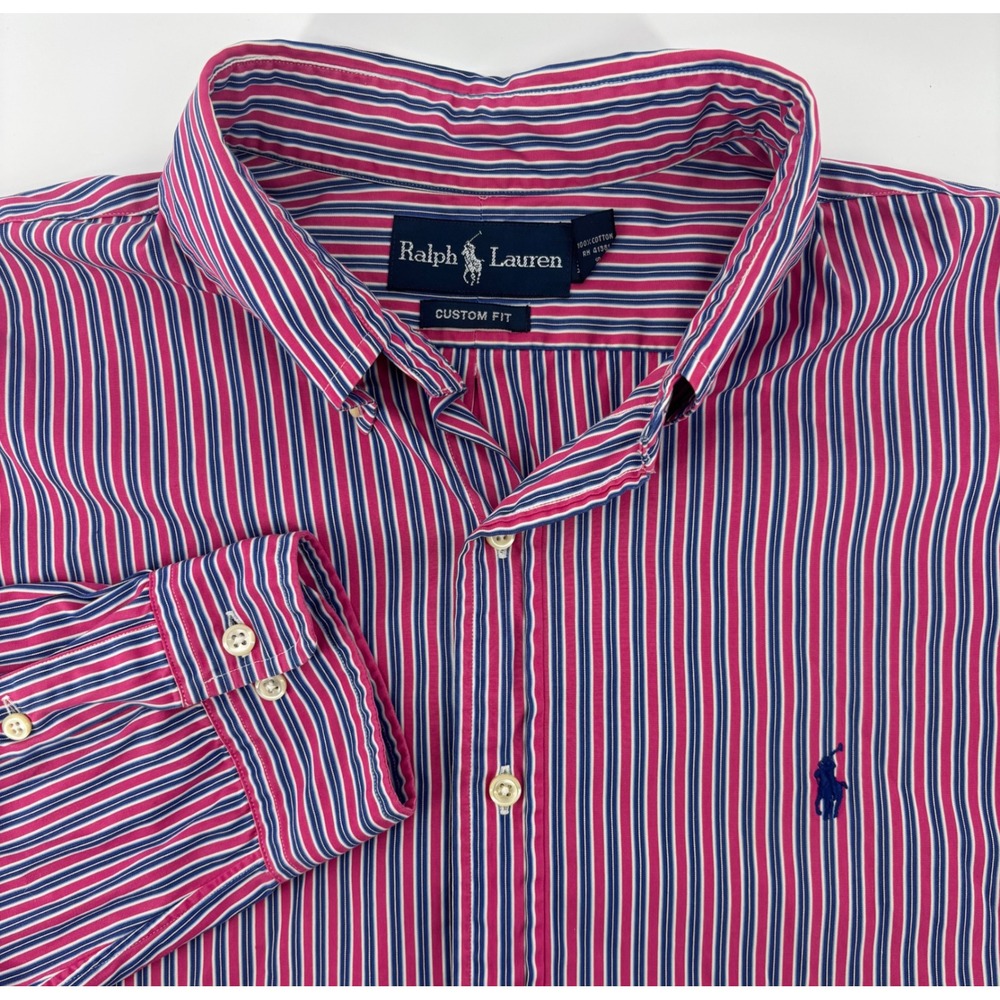 Ralph Lauren Long Sleeve Button Down Shirt Men XL Custom Fit Pink Blue Striped
